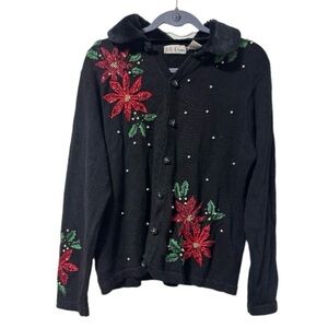 Vintage Poinsettia Embroidered Black Christmas Sweater Size Medium Faux Fur Bead